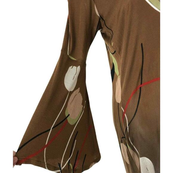 Vintage Womens Dress Size Small Tulip Print Boho Brown Bell Sleeve Open Back - Picture 3 of 10